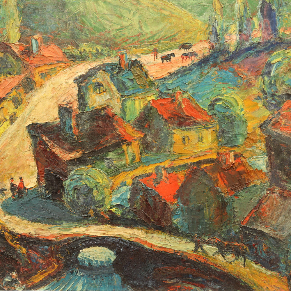 AW839: Marino Marini Modernist European Village Scene Oil on Board Painting