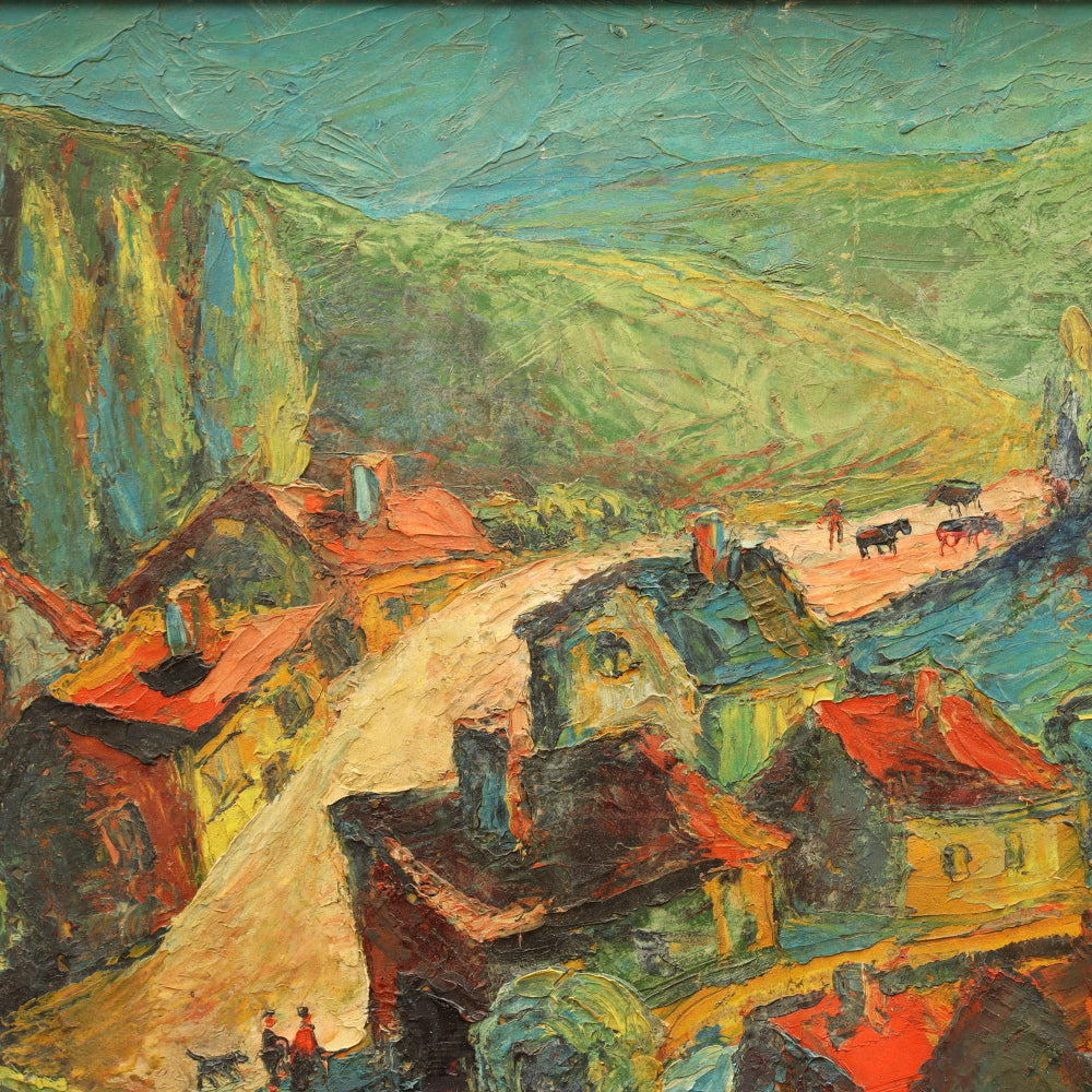 AW839: Marino Marini Modernist European Village Scene Oil on Board Painting