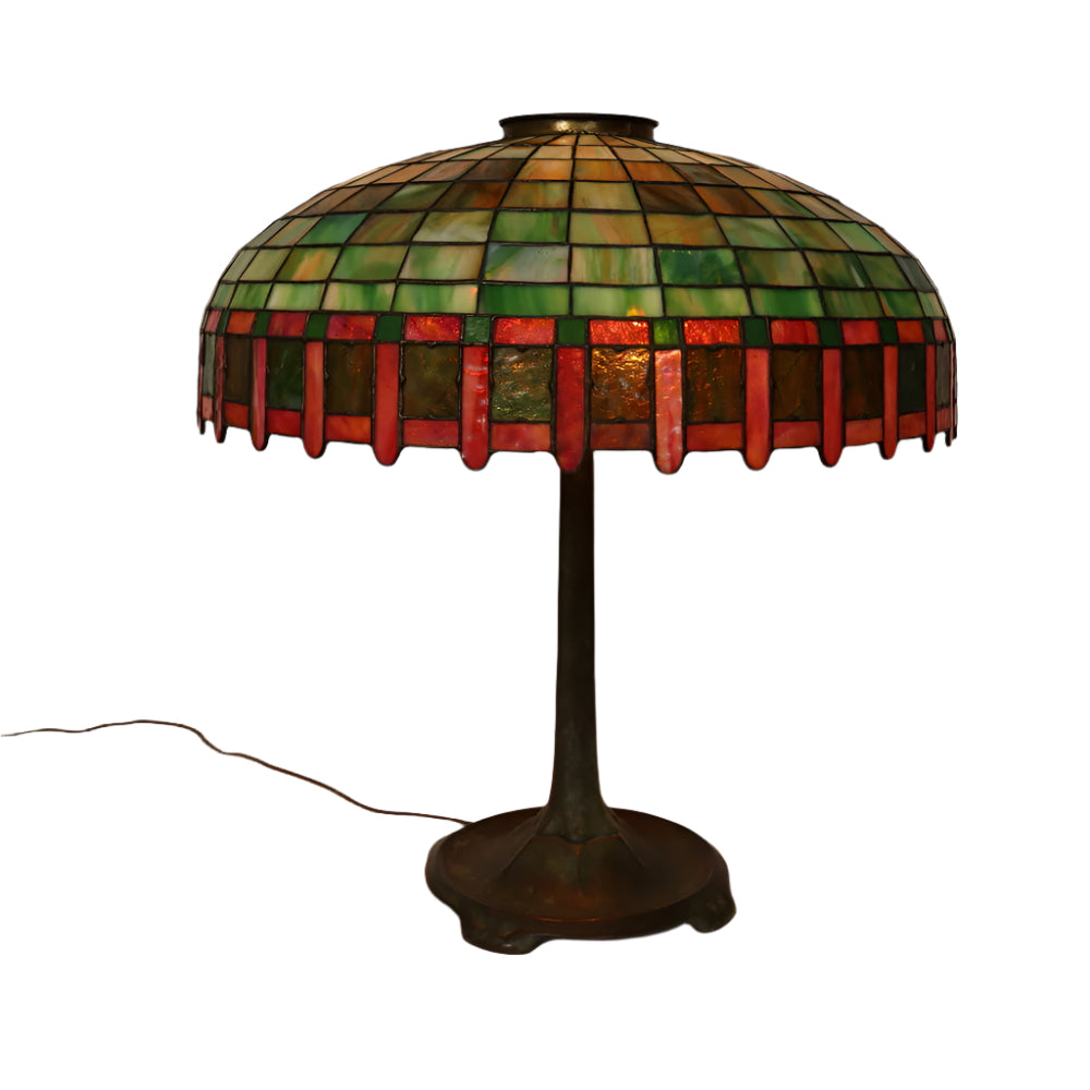 Antique Arts & Crafts Tiffany Style Bronze Lamp with Leaded and Stained Glass Shade | Work of Man