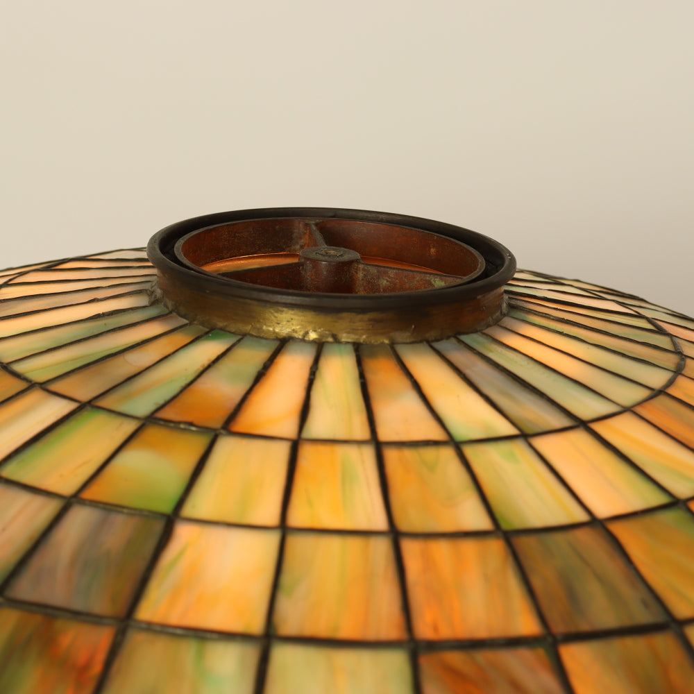 AL2-044:  Antique Early 20th Century Arts & Crafts Tiffany Style Bronze Lamp with Leaded and Stained Glass Shade