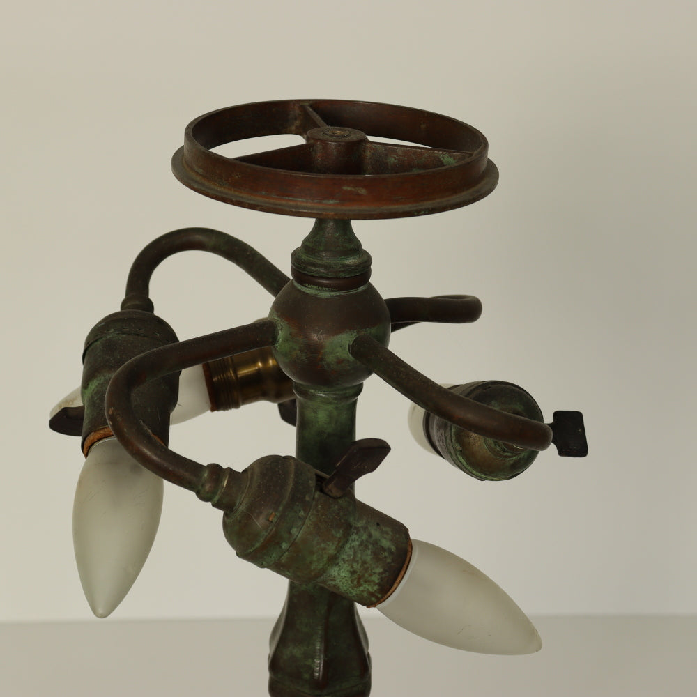 AL2-044:  Antique Early 20th Century Arts & Crafts Tiffany Style Bronze Lamp with Leaded and Stained Glass Shade