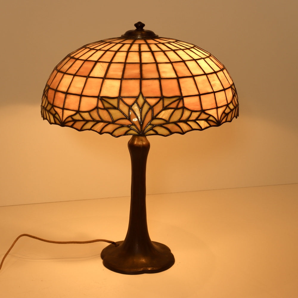 AL2-045: Antique Handel & Duffner & Kimberly Arts & Crafts Bronze Leaded Glass Shade Lamp