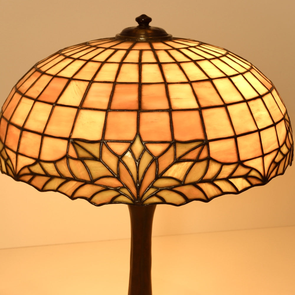 AL2-045: Antique Handel & Duffner & Kimberly Arts & Crafts Bronze Leaded Glass Shade Lamp