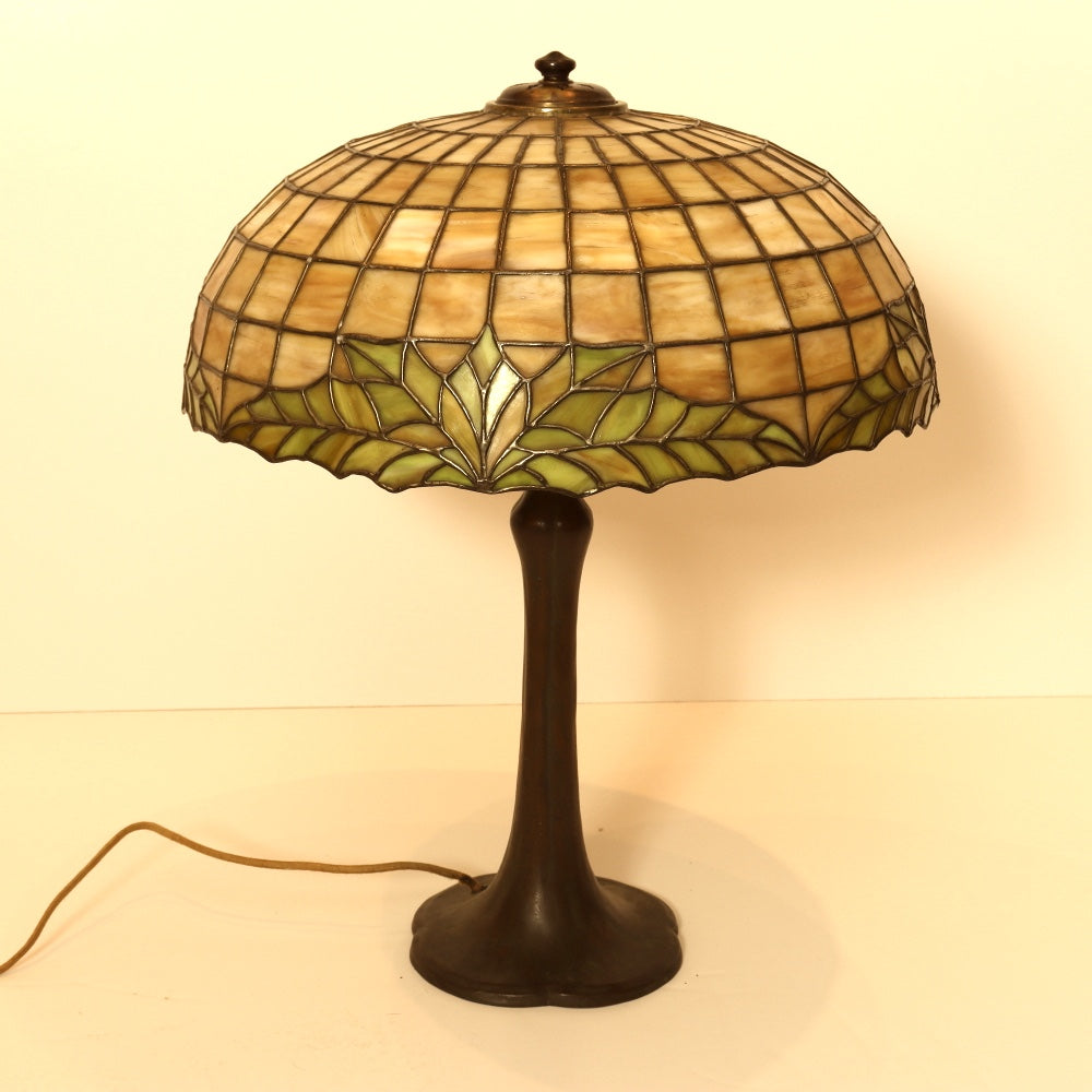 AL2-045: Antique Handel & Duffner & Kimberly Arts & Crafts Bronze Leaded Glass Shade Lamp