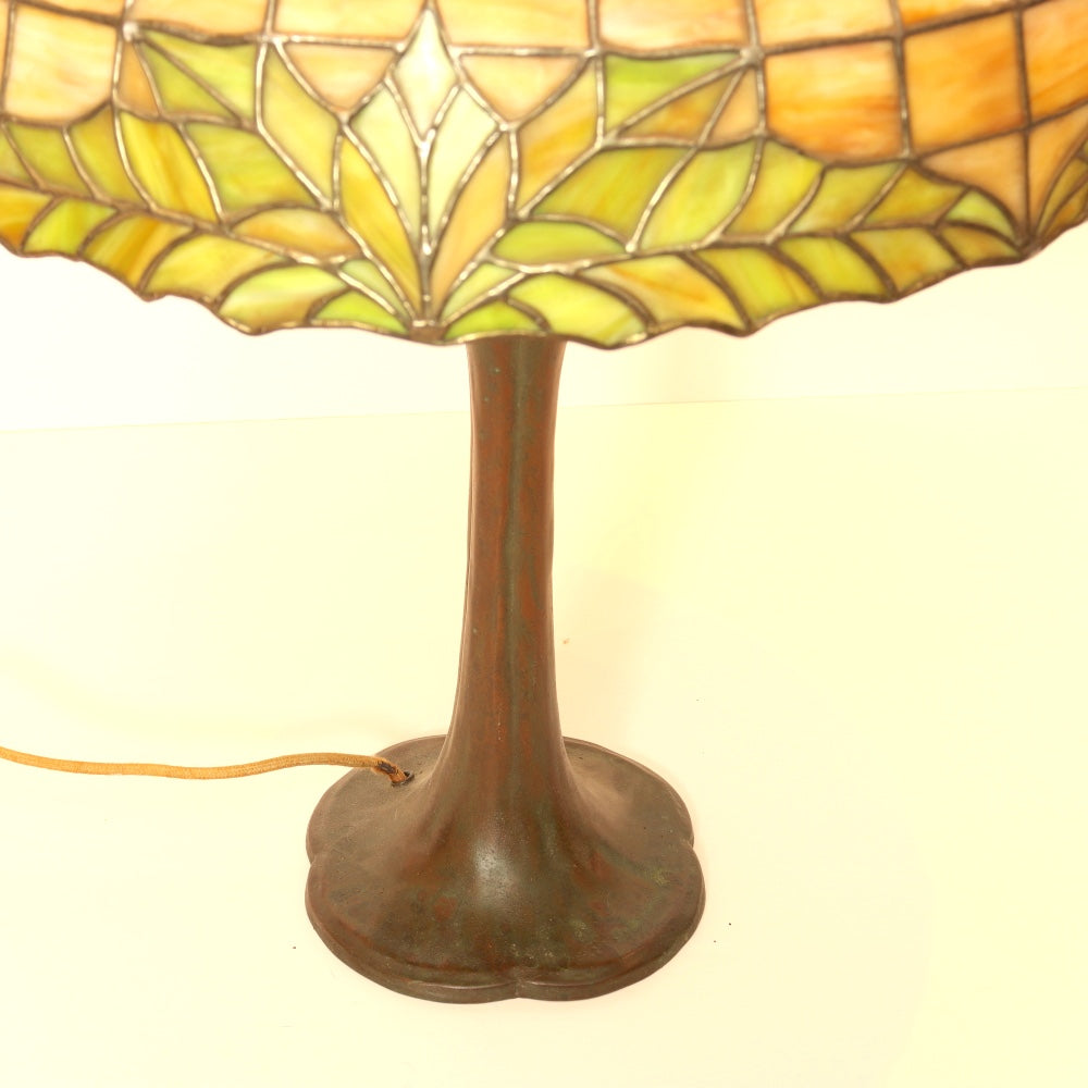 AL2-045: Antique Handel & Duffner & Kimberly Arts & Crafts Bronze Leaded Glass Shade Lamp