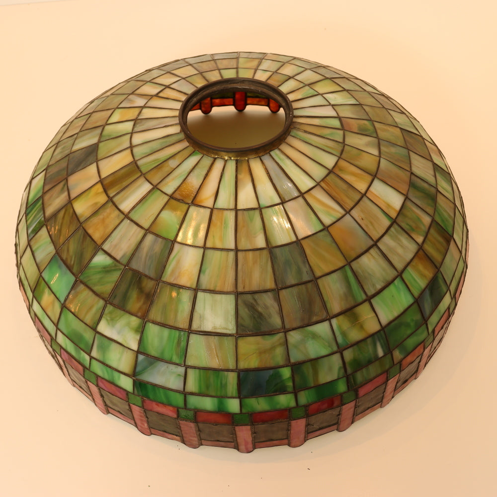 AL2-044:  Antique Early 20th Century Arts & Crafts Tiffany Style Bronze Lamp with Leaded and Stained Glass Shade