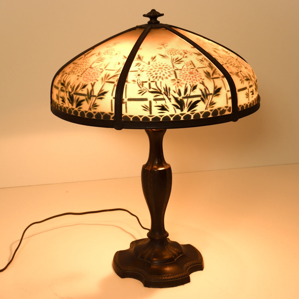 AL2-098: Antique Early 20th Century Art Nouveau Lamp with Reverse Painted Ribbed Glass Shade