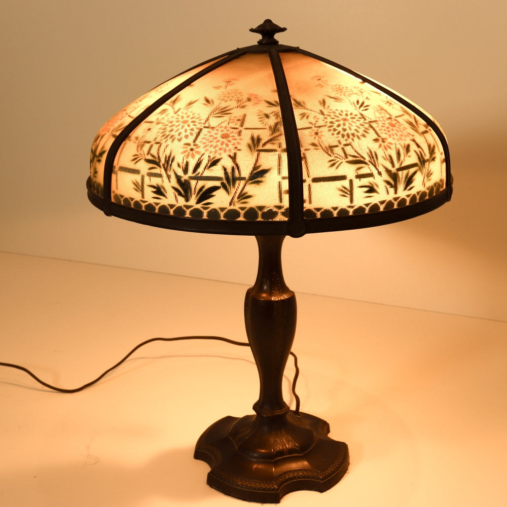 AL2-098: Antique Early 20th Century Art Nouveau Lamp with Reverse Painted Ribbed Glass Shade