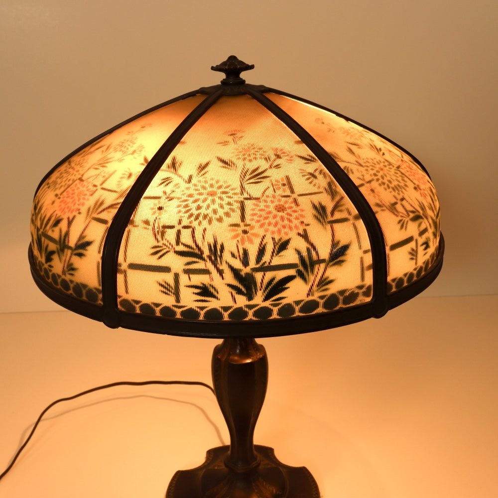 AL2-098: Antique Early 20th Century Art Nouveau Lamp with Reverse Painted Ribbed Glass Shade