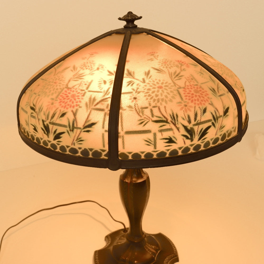 AL2-098: Antique Early 20th Century Art Nouveau Lamp with Reverse Painted Ribbed Glass Shade