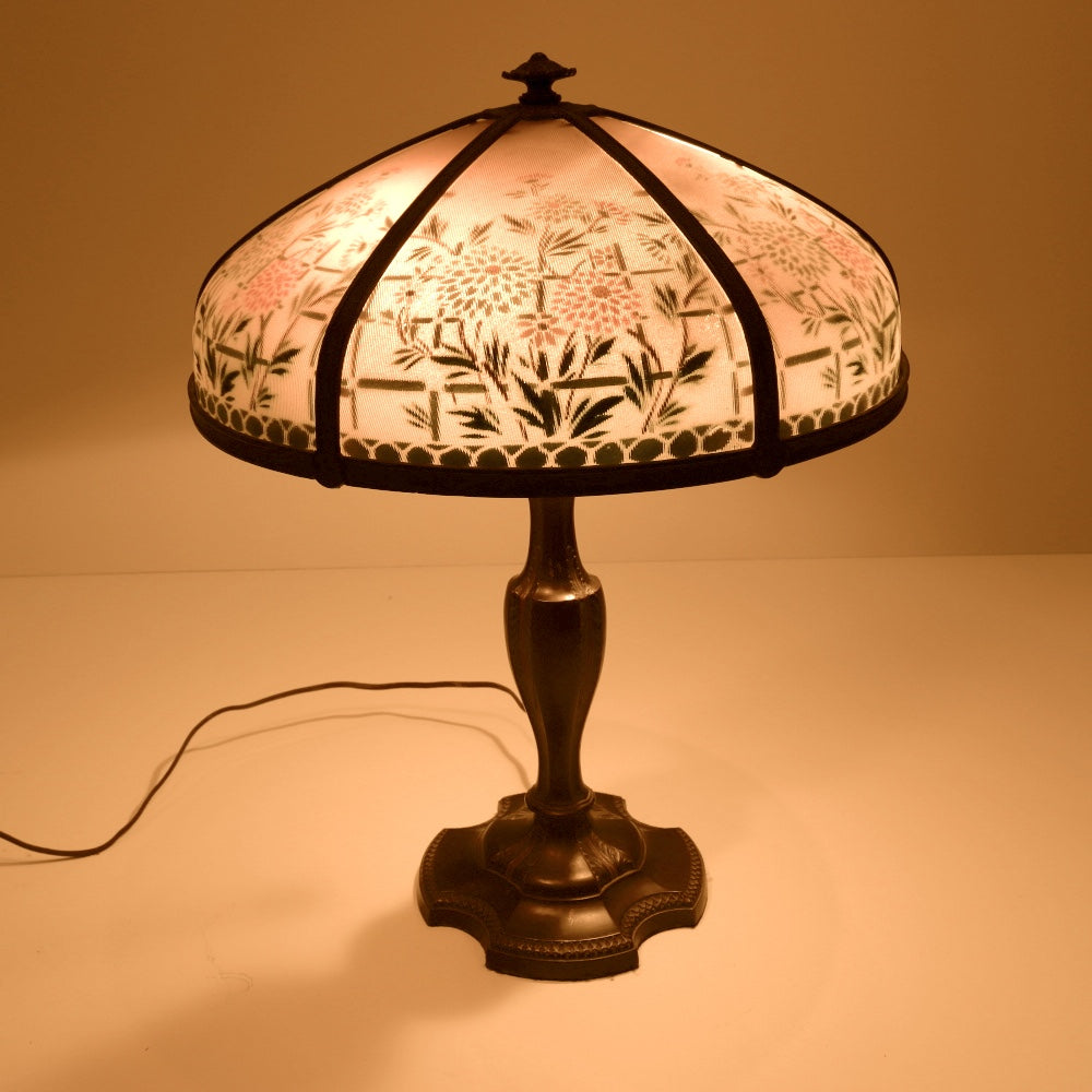 AL2-098: Antique Early 20th Century Art Nouveau Lamp with Reverse Painted Ribbed Glass Shade