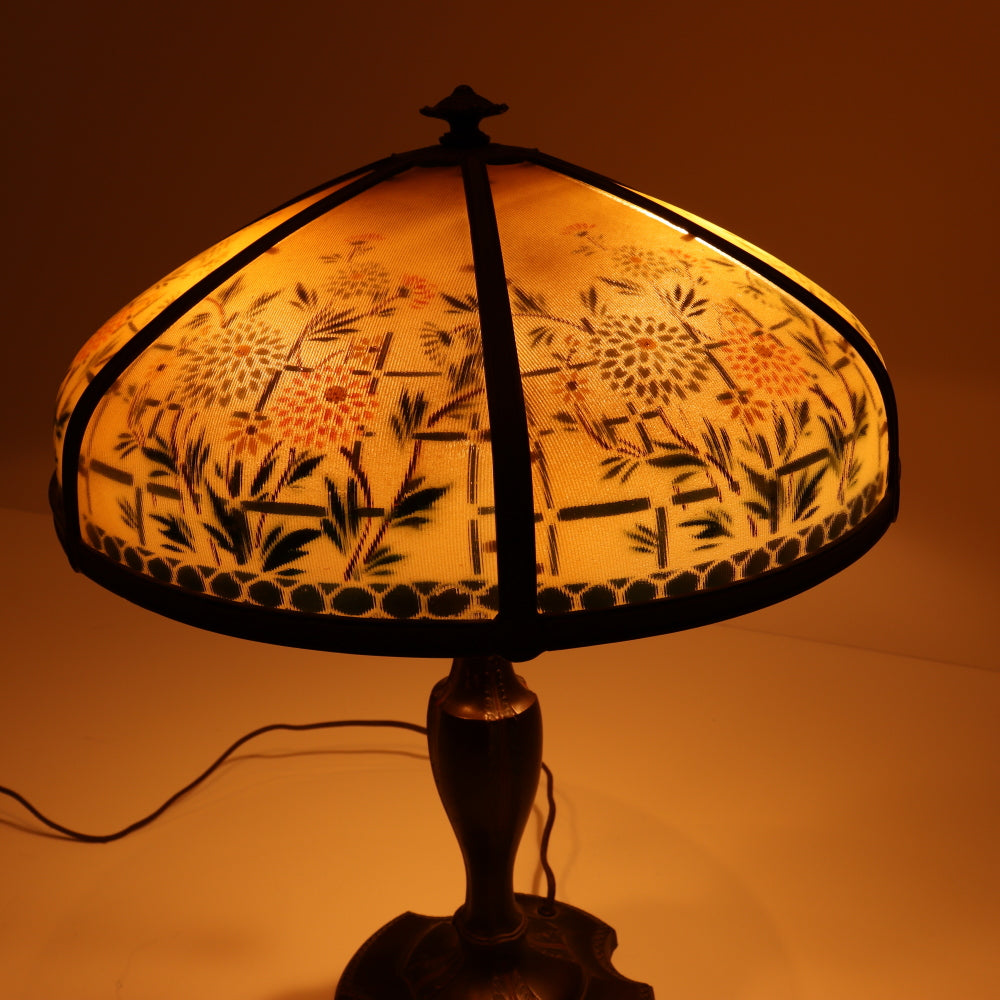 AL2-098: Antique Early 20th Century Art Nouveau Lamp with Reverse Painted Ribbed Glass Shade