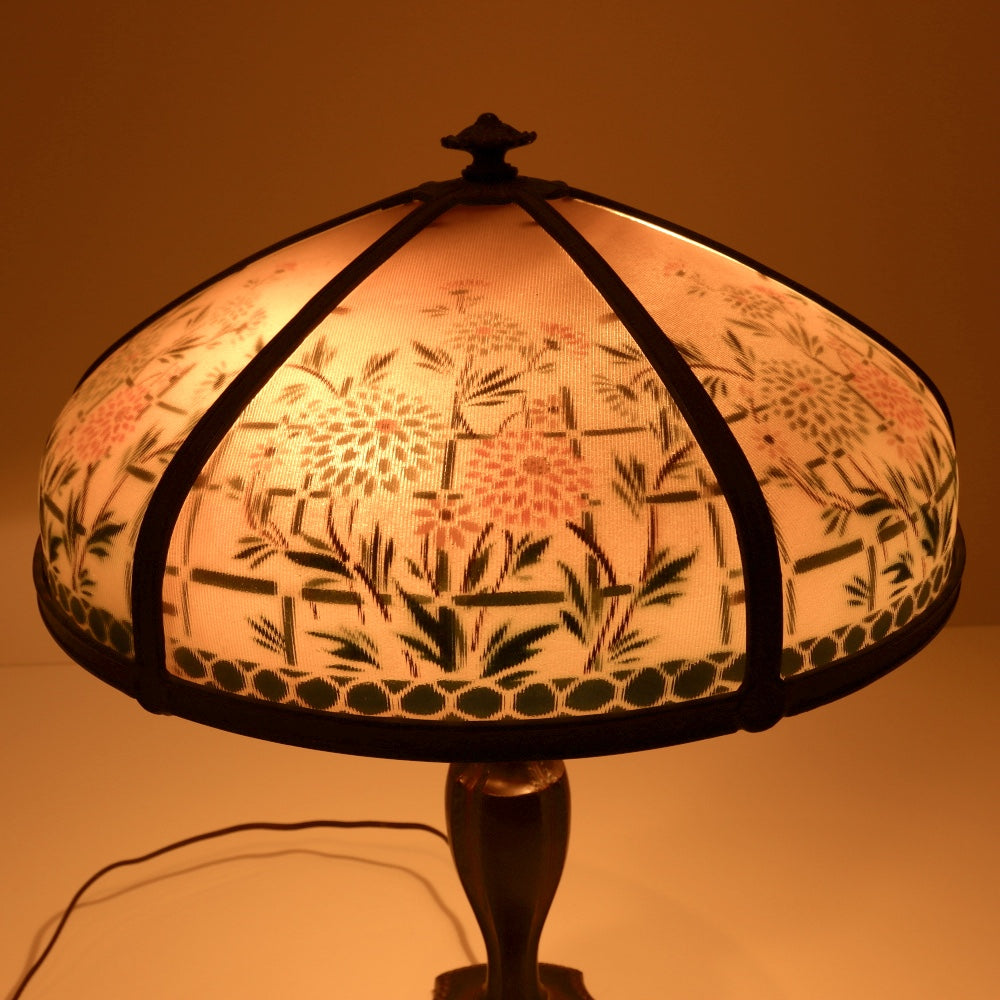 AL2-098: Antique Early 20th Century Art Nouveau Lamp with Reverse Painted Ribbed Glass Shade