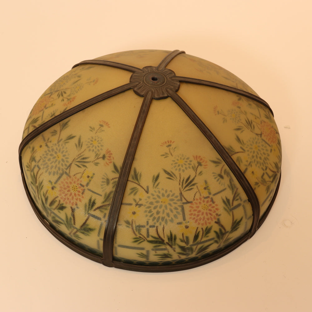 AL2-098: Antique Early 20th Century Art Nouveau Lamp with Reverse Painted Ribbed Glass Shade