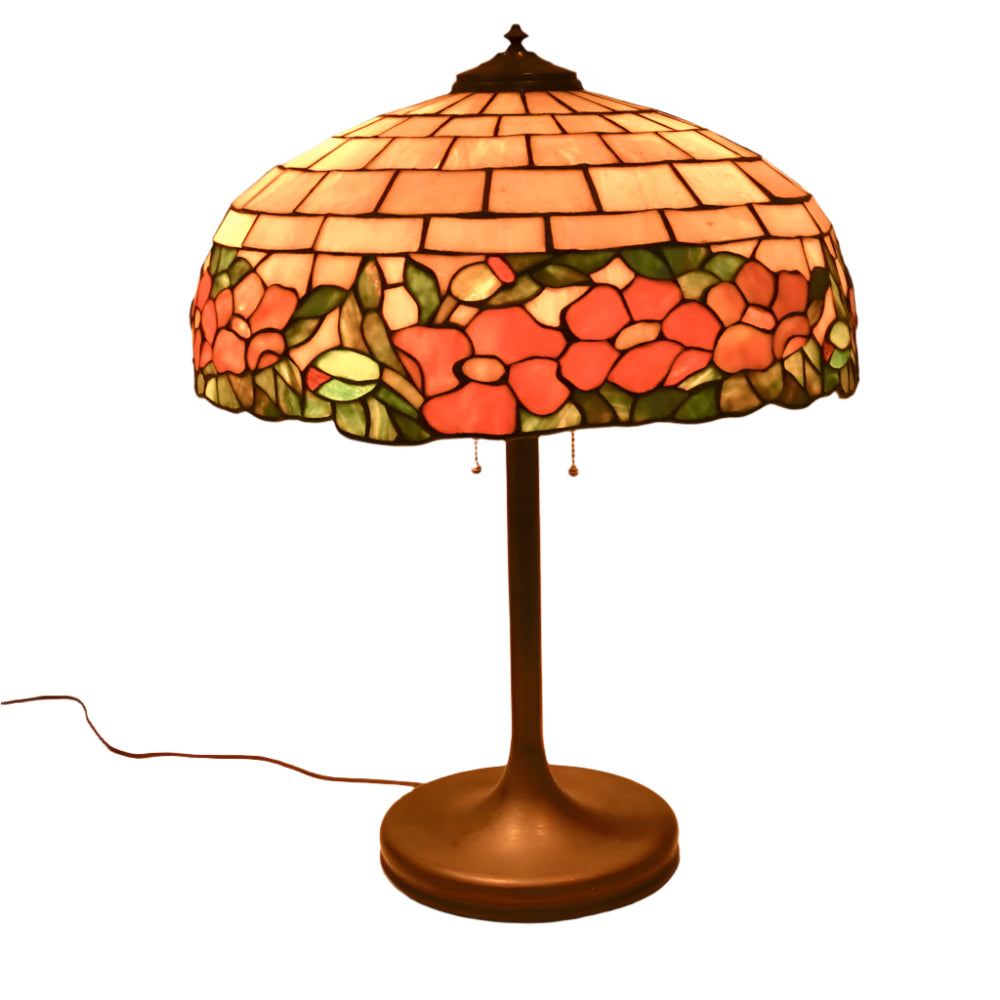 AL2-047: Antique Arts & Crafts Leaded Glass Peony Lamp Shade With Bronze Base