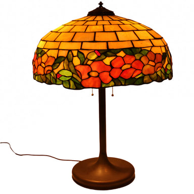 Antique Arts & Crafts Leaded Glass Peony Lamp Shade With Bronze Base | Work of Man