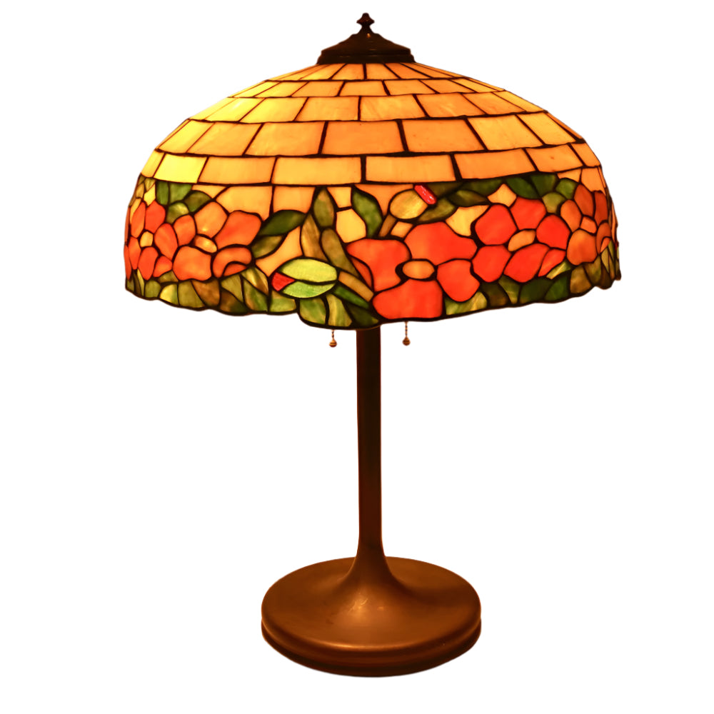 Antique Arts & Crafts Leaded Glass Peony Lamp Shade With Bronze Base | Work of Man