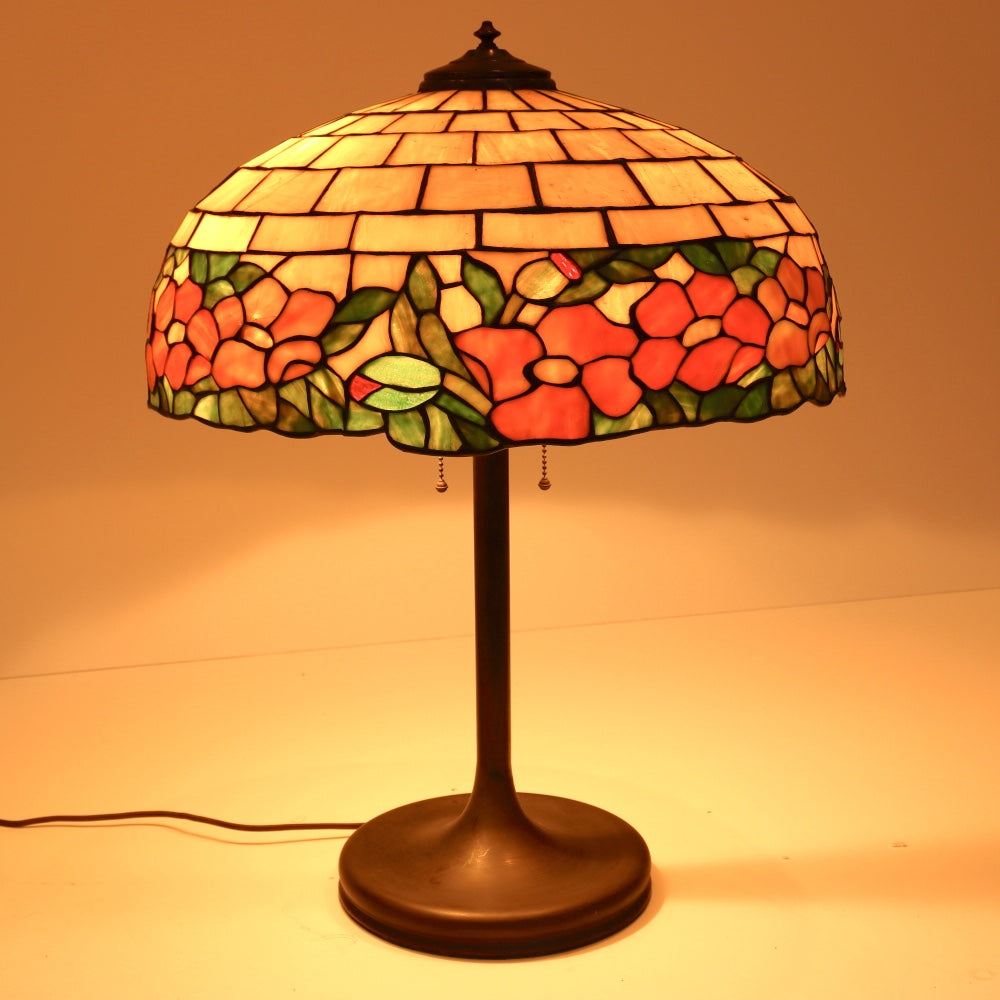 AL2-047: Antique Arts & Crafts Leaded Glass Peony Lamp Shade With Bronze Base