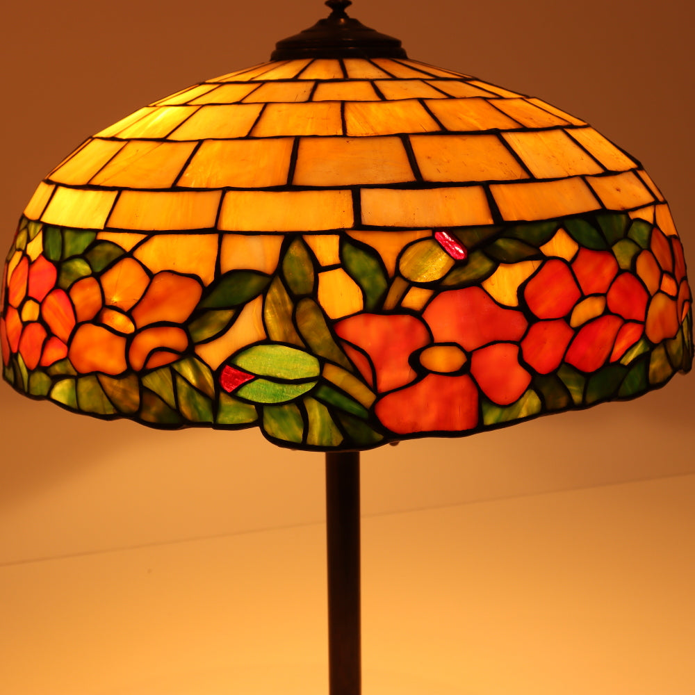 AL2-047: Antique Arts & Crafts Leaded Glass Peony Lamp Shade With Bronze Base