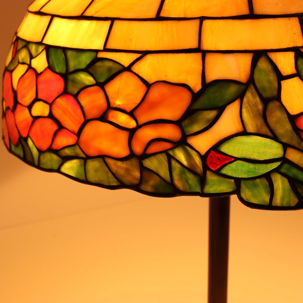 AL2-047: Antique Arts & Crafts Leaded Glass Peony Lamp Shade With Bronze Base