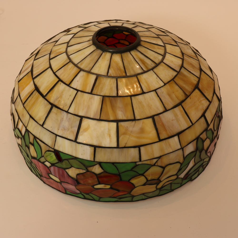 AL2-047: Antique Arts & Crafts Leaded Glass Peony Lamp Shade With Bronze Base