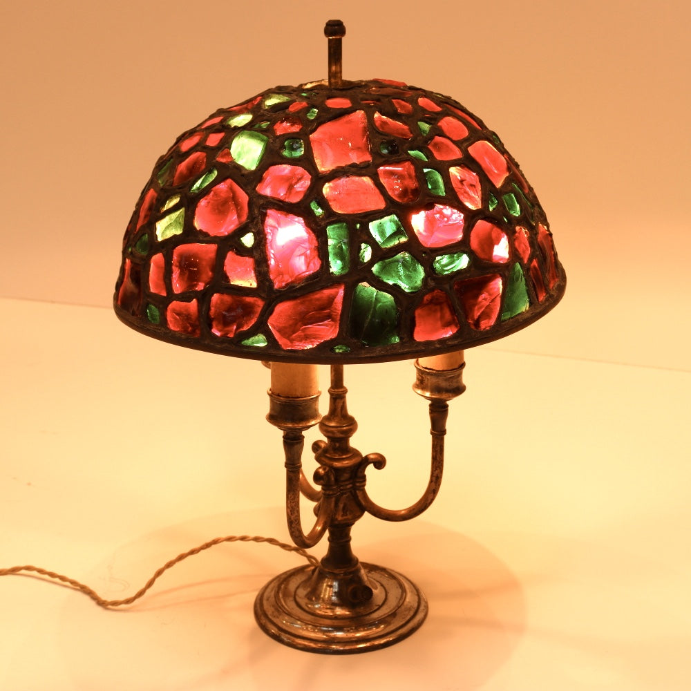 AL2-034: Antique Art Nouveau Chunk Glass Leaded Shade on Pairpont Silverplate Lamp Base