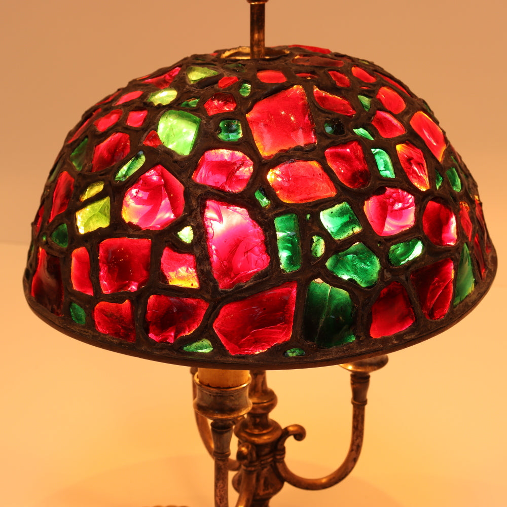 AL2-034: Antique Art Nouveau Chunk Glass Leaded Shade on Pairpont Silverplate Lamp Base