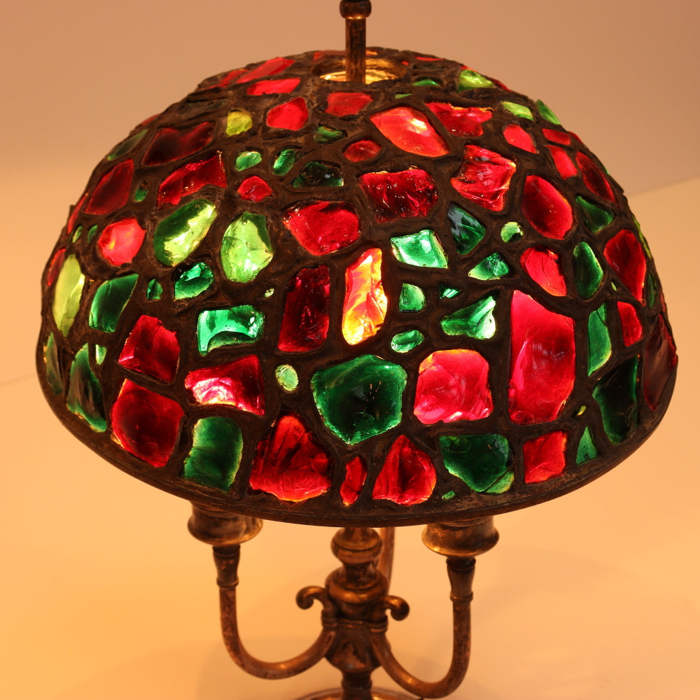 AL2-034: Antique Art Nouveau Chunk Glass Leaded Shade on Pairpont Silverplate Lamp Base