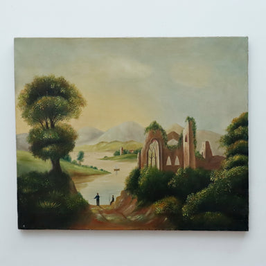 Antique Oil Painting Ruins By The River  American School | Work of Man