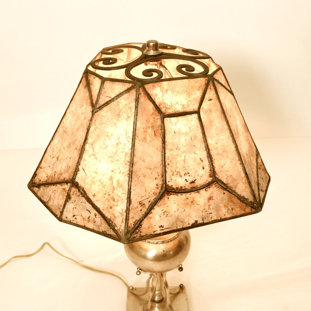 AL2-032: Antique Early 20th Century Silverplate Lamp With Iron & Mica Shade