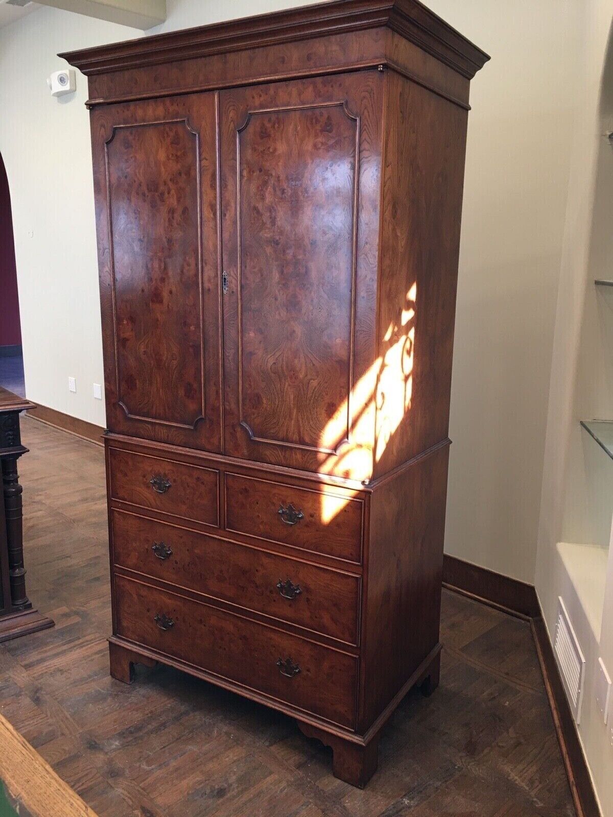 Late 20th Century English Georgian Style Burled Walnut Linen Press  | Work of Man