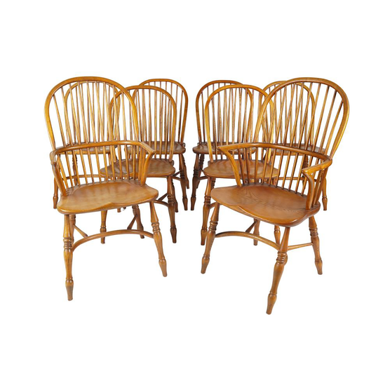 AF2-105: ANTIQUE SET OF 8 EARLY 20TH CENTURY OAK WINDSOR HOOP BACK DINING CHAIRS