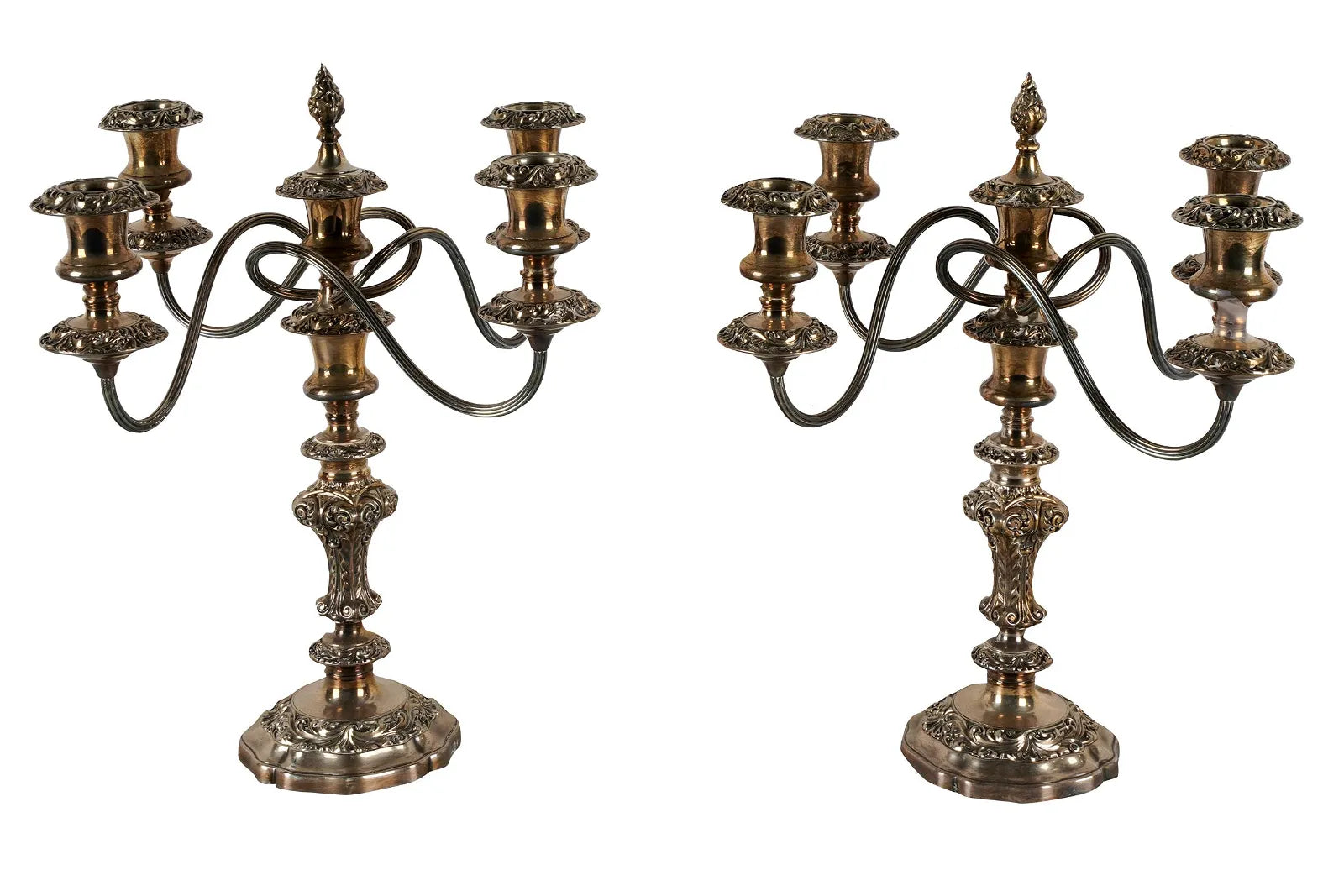 DA2-014: PAIR OF LATE 19TH CENTURY SHEFFIELD SILVER PLATE FIVE LIGHT CANDELABRA