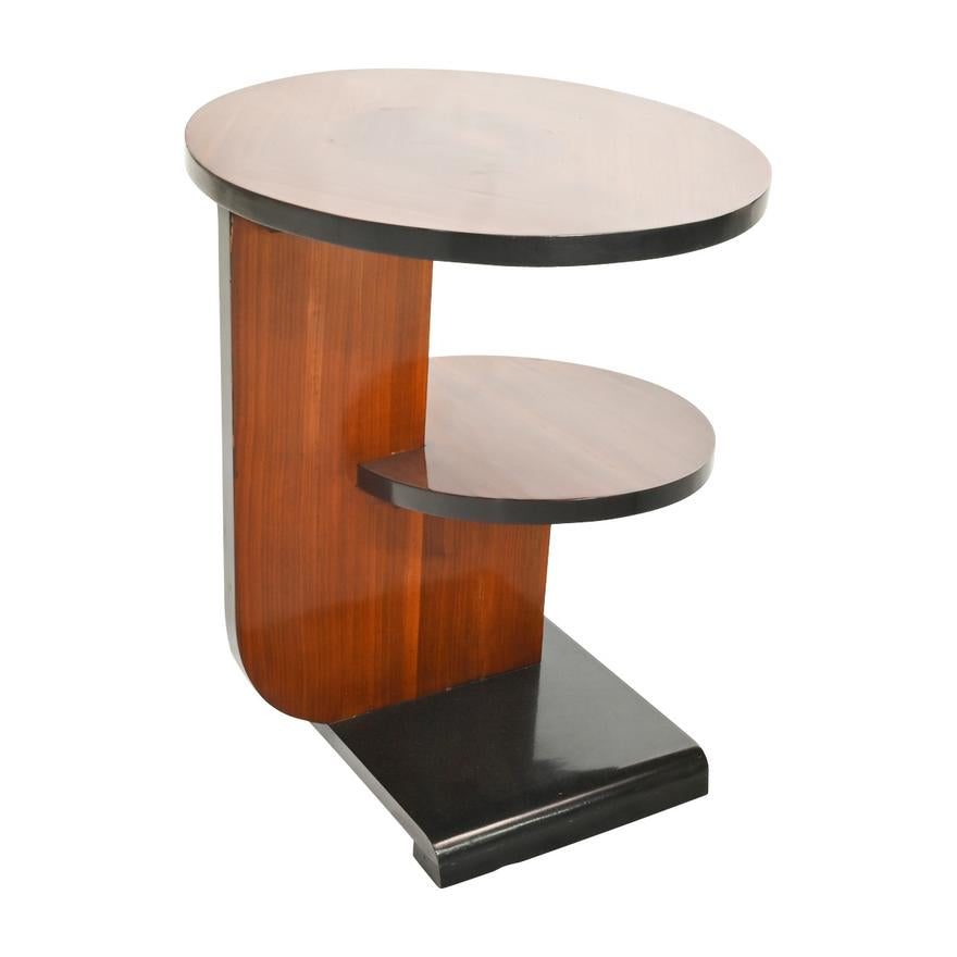 AF1-007: C 1930's French Art Deco - Bauhaus Inspired - Parcel Ebonized Walnut 2 Tier Side Table