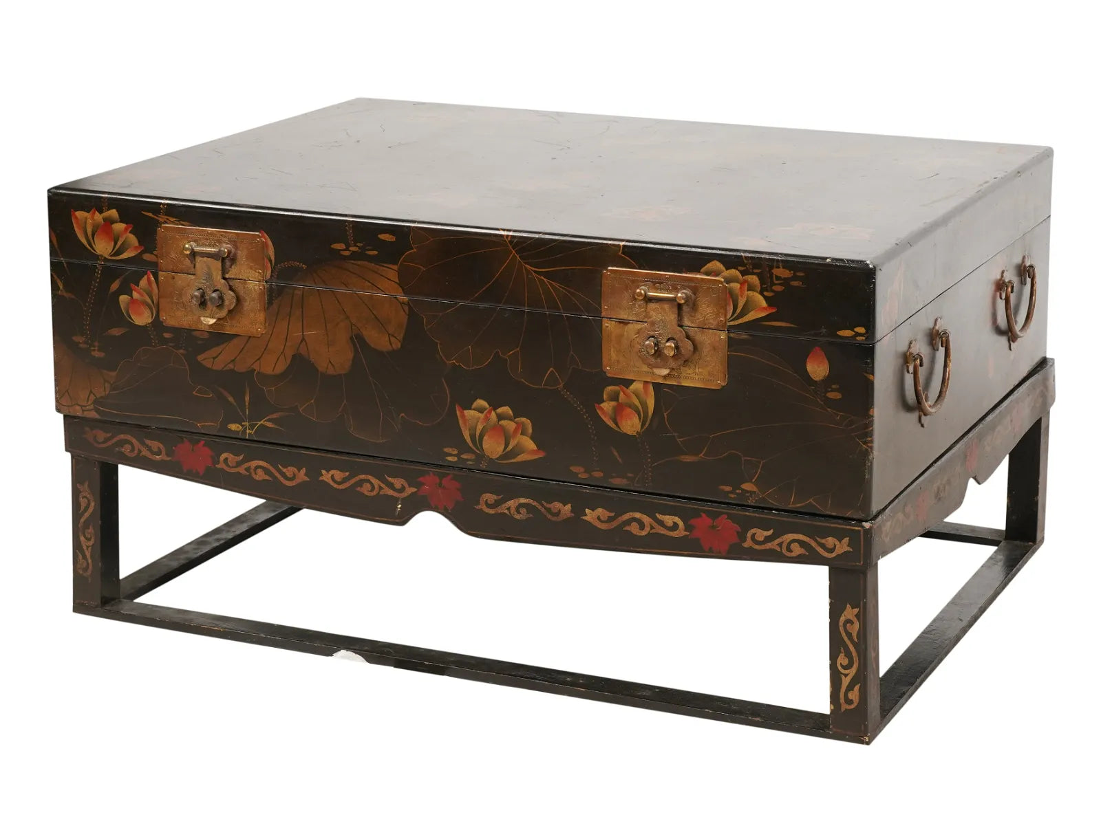 AF1-387: Antique Early 20th Century Chinese Hand Painted Wood Trunk on Stand