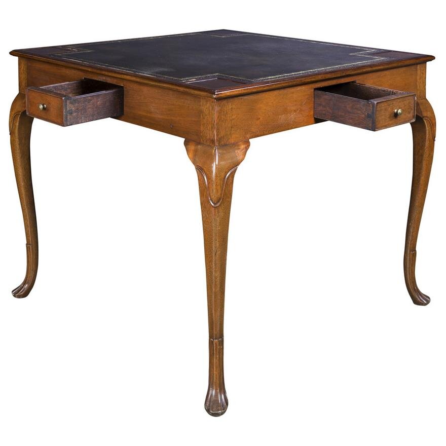 AF1-140: ANTIQUE LATE 19TH CENTURY ENGLISH GEORGIAN LEATHER TOP WALNUT GAMES TABLE