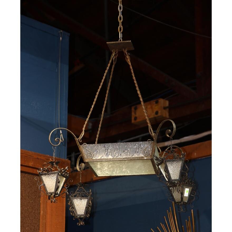 AL1-007: EARLY 20TH CENTURY COUNTRY FRENCH WROUGHT IRON & GLASS CHANDELIER