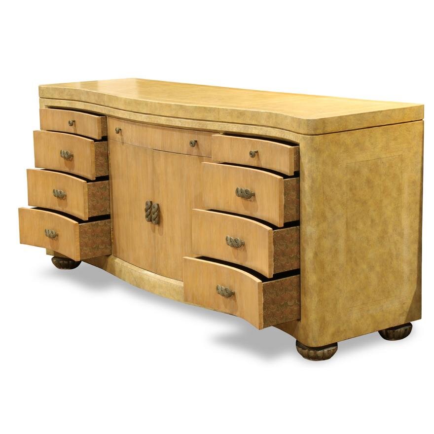 AF3-132: ANTIQUE LATE 20TH CENTURY MAITLAND-SMITH EMBOSSED LEATHER ART DECO STYLE SIDEBOARD