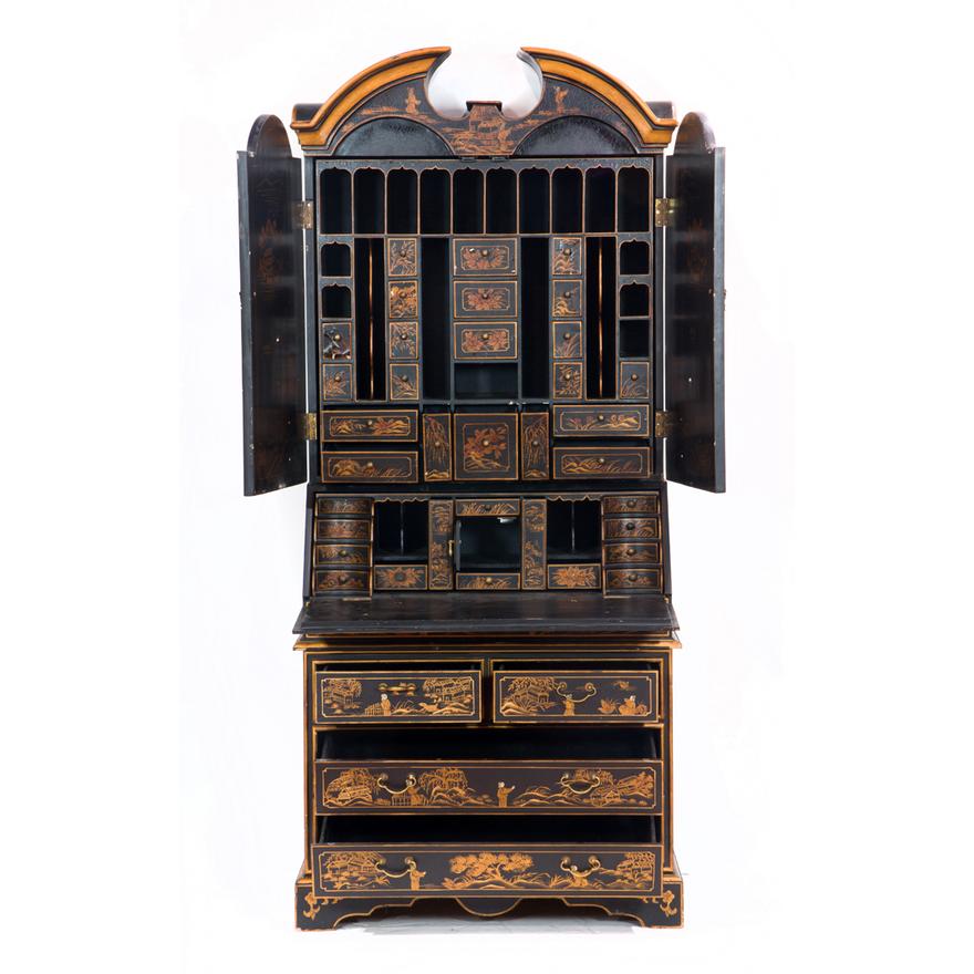 AF5-128: ANTIQUE LATE 20TH CENTURY CHINOISERIE JAPANNED DECORATED SECRETARY BOOKCASE