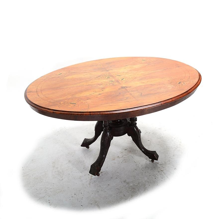 AF1-277: ANTIQUE LATE 19TH CENTURY VICTORIAN INLAID BURL VENEER TABLE