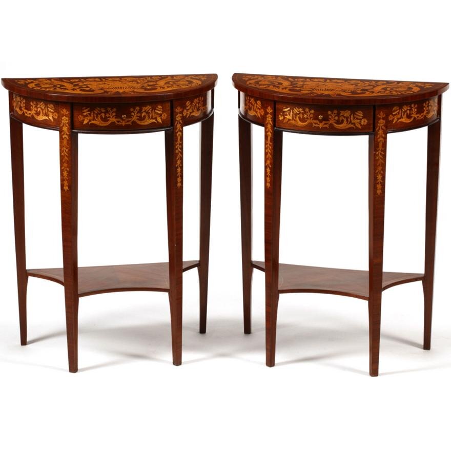 ANTIQUE DUTCH MARQUETRY DEMILUNE CONSOLE TABLES | Work of Man