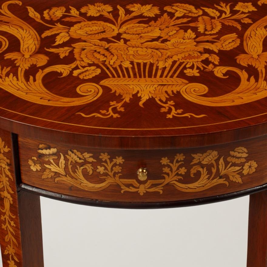 AF1-278: ANTIQUE PAIR OF LATE 19TH CENTURY DIMINUITIVE DUTCH MARQUETRY DEMI-LUNE CONSOLES