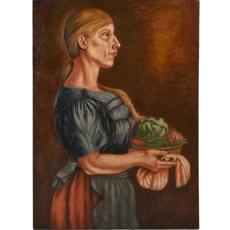 Norbert Schlaus - Female With Vegetables - Oil on Canvas Painting | Work of Man