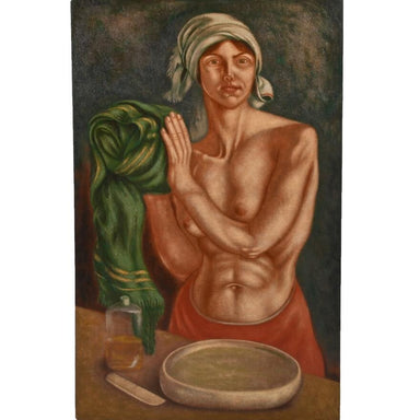 Norbert Schlaus - Nude Female With Green Fabric - Oil on Canvas Painting | Work of Man