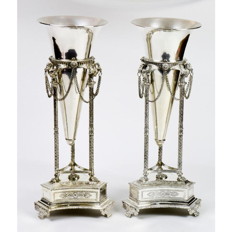 DA2-010: PAIR MID 19TH CENTURY NEOCLASSICAL STYLE SHEFFIELD PLATE TRUMPET VASES ON STAND