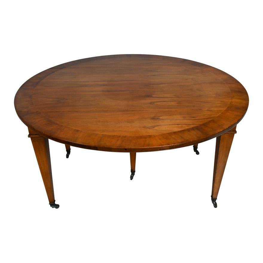 AF1-200: FRENCH DIRECTOIRE WALNUT CROSS BANDED DROP LEAF EXTENSION DINING TABLE - 20TH CENTURY