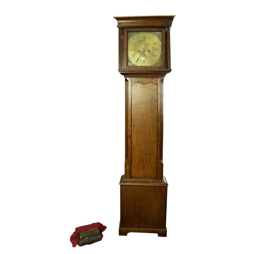 TK1-102: LATE 18TH CENTURY ENGLISH GEORGE III OAK TALL CASE CLOCK CIRCA 1780