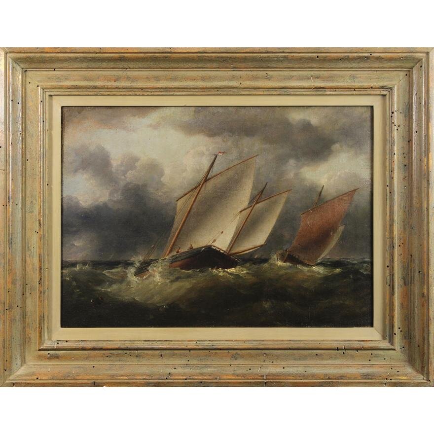 AW428: English School - Boats Passing at Seas - Oil on Canvas