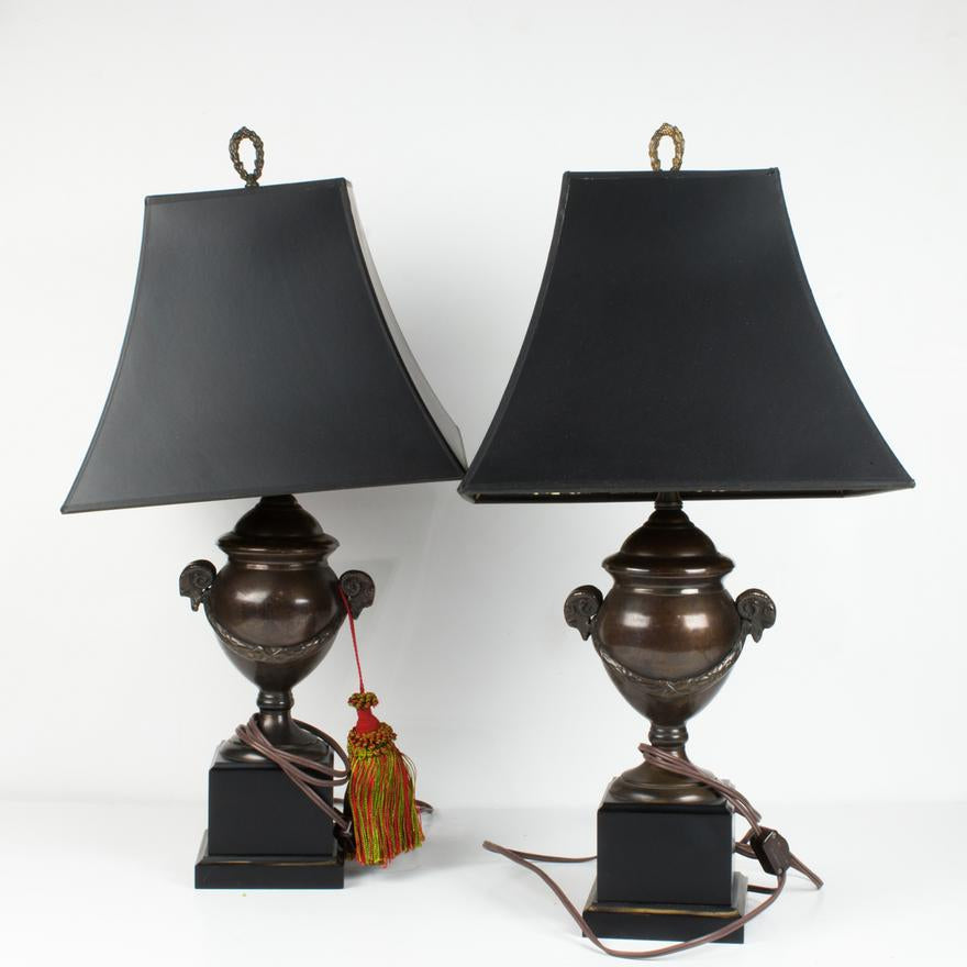 AL2-017: PAIR OF NEOCLASSICAL PATINATED METAL URN FORM TABLE LAMPS