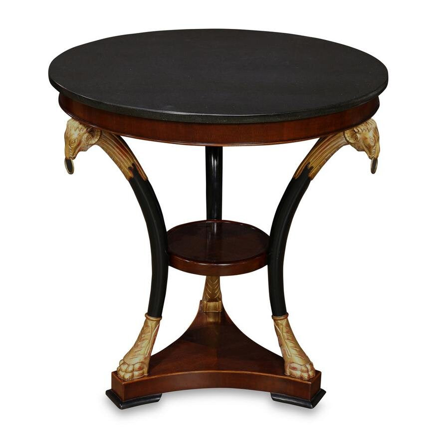 AF1-133: ANTIQUE PAIR OF LATE 20TH CENTURY  EMPIRE STYLE MARBLE TOP GILT AND EBONIZED GUERIDONS